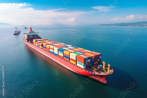 Container Cargo freight ship with working crane bridge for Logistic Import Export background 