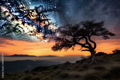 Breathtaking dawn illuminating earth, moon, and the captivating celestial Milky Way. Generative AI