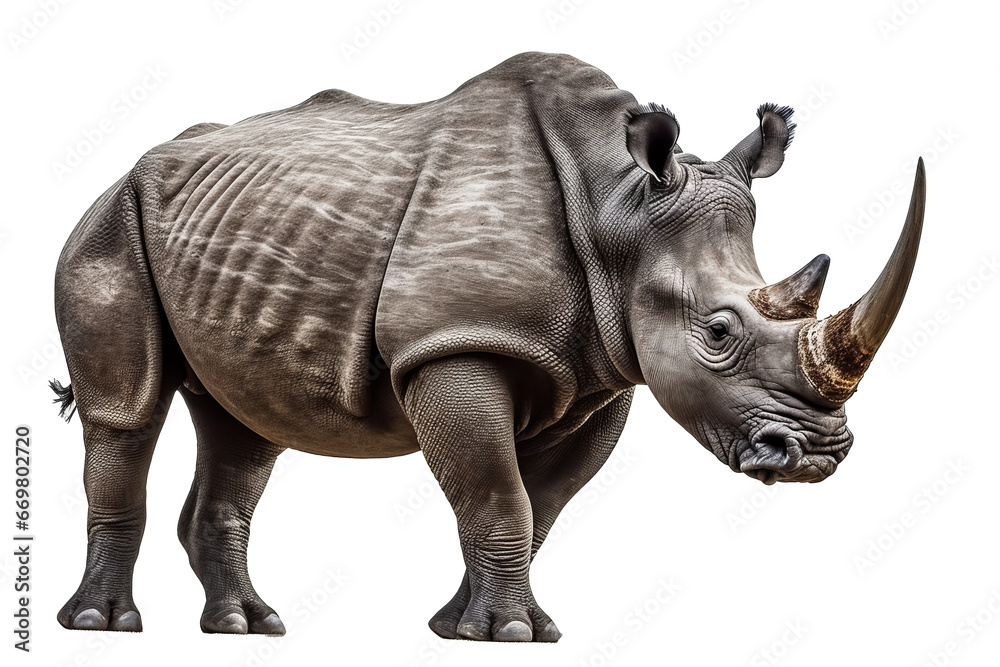 Fototapeta premium Isolated side view of walking rhino on transparent background.