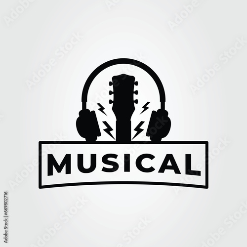 guitar head with headphone for music logo vector illustration design