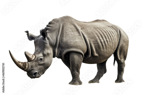 Isolated side view of walking rhino on transparent background.