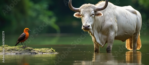Forest buffalo and cattle egret in Lango Bai Congo photo