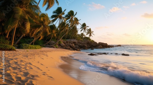 Free photo of a nice beach with white sand  clouds  palm tree  and wave