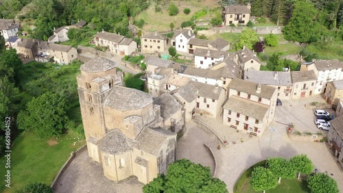 Aerial view of Santa Maria Church, Santa Cruz de la Seros, Huesca province, Aragon, Spain. photo