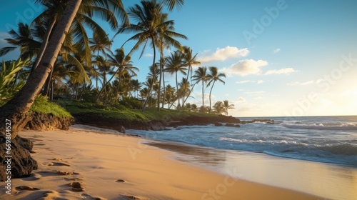 Free photo of a nice beach with white sand  clouds  palm tree  and wave