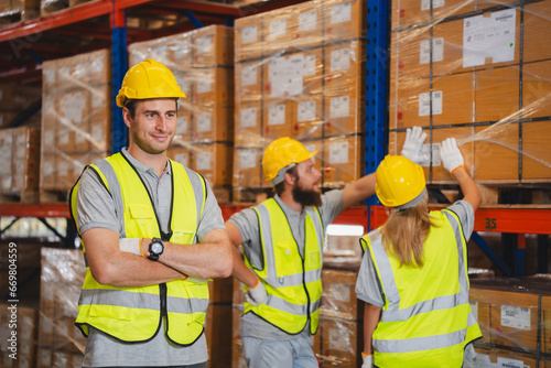 Factory manager, foreman worker checking stock inventory on good shelf in delivery storehouse of logistic storage warehouse, shipping distribution business, package box industry job for retail market