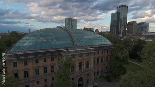 Aerial of K21art museum with a backdrop of the Düsseldorf cityscape photo