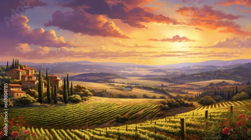 A sun-drenched vineyard in Tuscany, featuring rolling hills of lush green vines under a golden sky with hints of lavender
