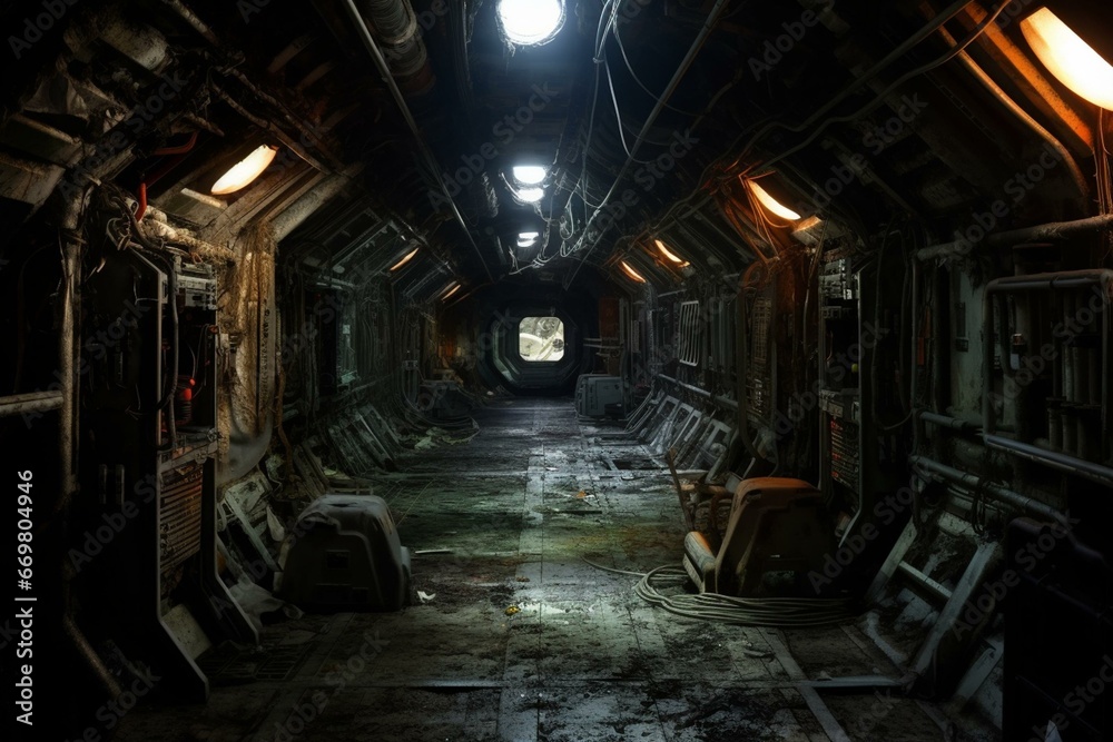 An empty, run-down space station with dim lights and corroded metal, evoking a feeling of isolation and decay. Generative AI