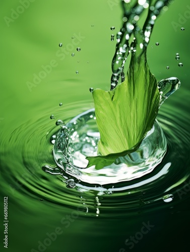 Crystal clear water drip splash with green leaf on green background AI