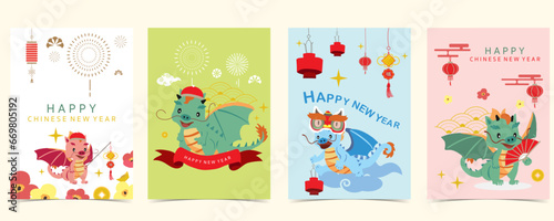 cute Chinese New Year background with lantern,dragon.Editable vector illustration for kid postcard,a4 size