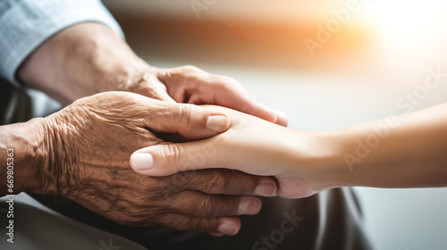 Parkinson's disease patient, Alzheimer's elderly senior, Alzheimer's person's hand in support of geriatric doctor or nursing caregiver, for disability awareness day, ageing society care service