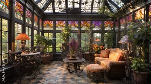 A sun-soaked conservatory with wrought iron furniture, vibrant potted plants, and ornate stained glass fixtures, creating a botanical oasis within the home