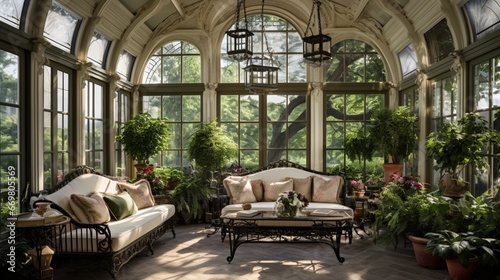 A sun-soaked conservatory with wrought iron furniture  lush potted plants  and ornate wrought iron fixtures  creating a botanical oasis within the home