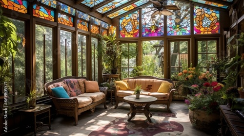 A sun-soaked conservatory with wrought iron furniture, vibrant potted plants, and ornate stained glass fixtures, creating a botanical oasis within the home