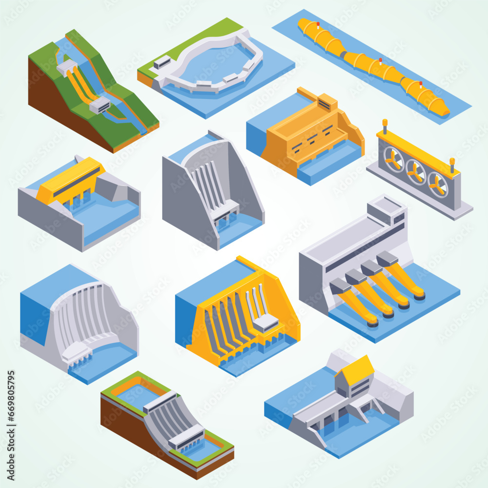 isometric hydroelectric power station set isolated icons with various ...