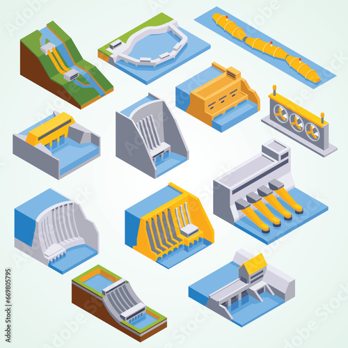 isometric hydroelectric power station set isolated icons with various industrial factory buildings blank background vector illustration 3d