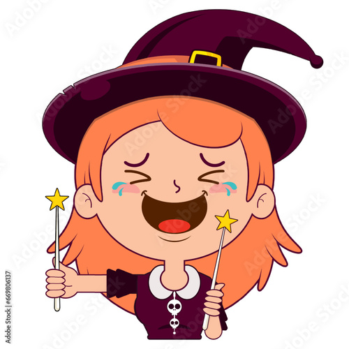 witch holding magic wand laughing face cartoon cute