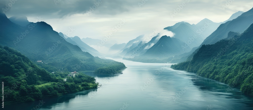 Mountainous terrain with flowing rivers and the ocean
