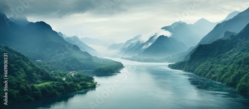Mountainous terrain with flowing rivers and the ocean © AkuAku