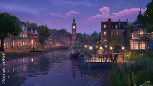 A tranquil riverside town at twilight, with dusky shades of lavender, deep blue, and accents of soft pearl gray