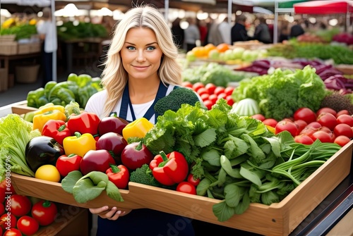 Woman sells ripe organic vegetables at a farmers market. Generative Ai