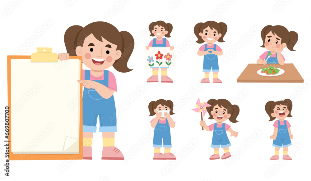 set of girl playful character poses collection illustration vector eps