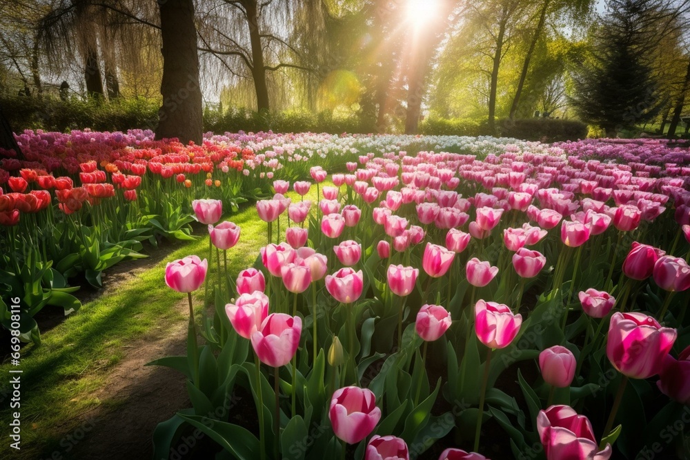 Stunning landscape with countless pink tulips in a vibrant spring garden. Generative AI