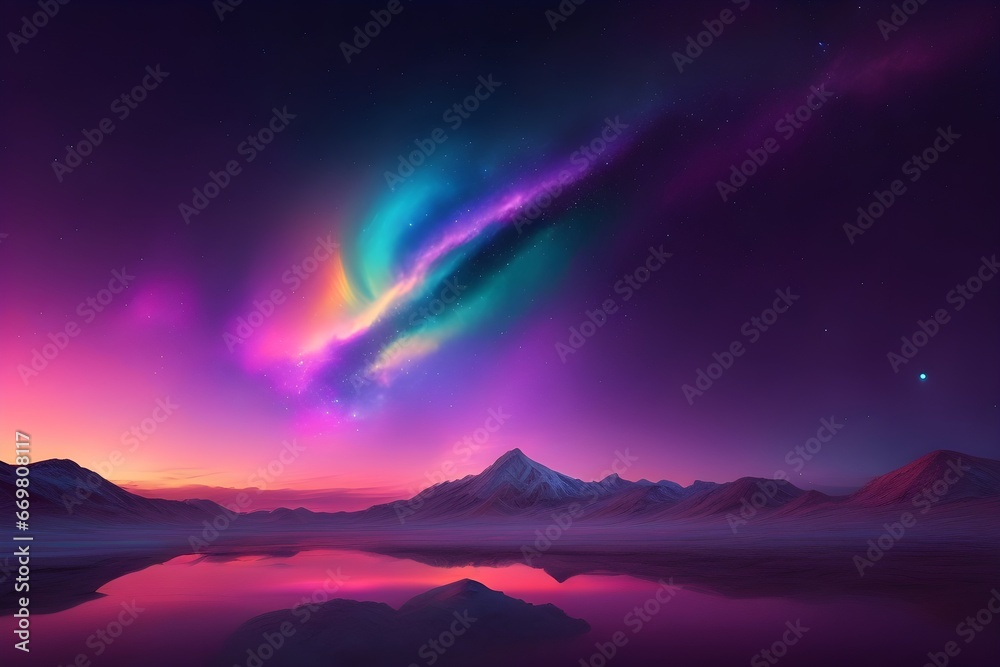 Night Time Surreal Fantasy Landscape in an Alien Planet Space Game Background. Aurora Dancing in the Dark Starry Night Sky with a Tranquil Mountain Landscape in Dark Colorful Universe.
