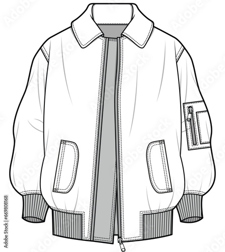 oversized bomber jacket flat sketch vector illustration technical cad drawing template