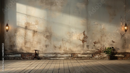 rough wall and old wooden floor in empty room with light shade, grunge wall.