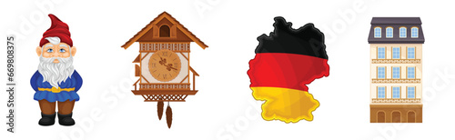 Germany Object and Symbol with Gnome, Map, Building and Pendulum Clock Vector Set