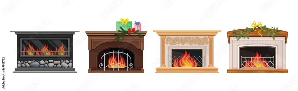 Various Fireplace with Fire in the Hearth Vector Set Various Fireplace with Fire in the Hearth Vector Set