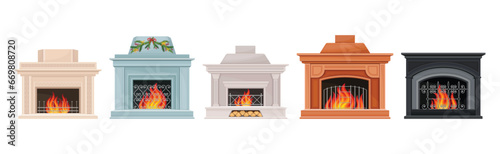 Various Fireplace with Fire in the Hearth Vector Set