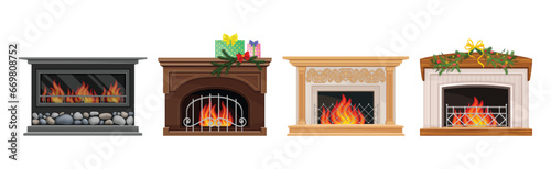 Various Fireplace with Fire in the Hearth Vector Set