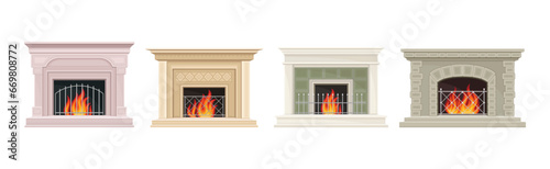 Various Fireplace with Fire in the Hearth Vector Set