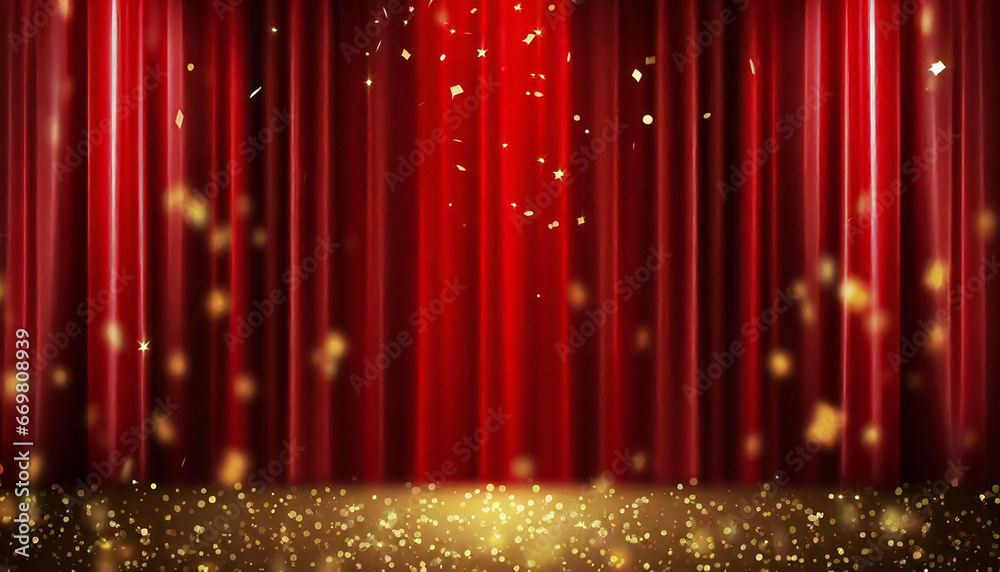 A stage with a red curtain with falling confetti. Drape curtain material. Confetti. - obrazy, fototapety, plakaty 
