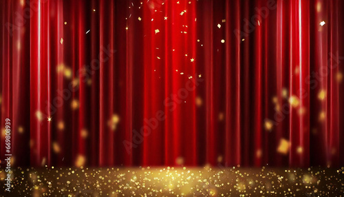 A stage with a red curtain with falling confetti. Drape curtain material. Confetti.