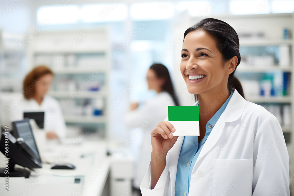 A smiling pharmacist holds a medicine package with empty space, while other pharmacists work in the background at the pharmacy. A smiling pharmacist holds a medicine package with empty space, while other pharmacists work in the background at the pharmacy.