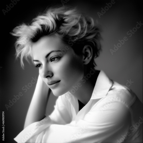 Vintage glamour headshot of an aspiring actress wearing a white shirt. Short hairstyle. 