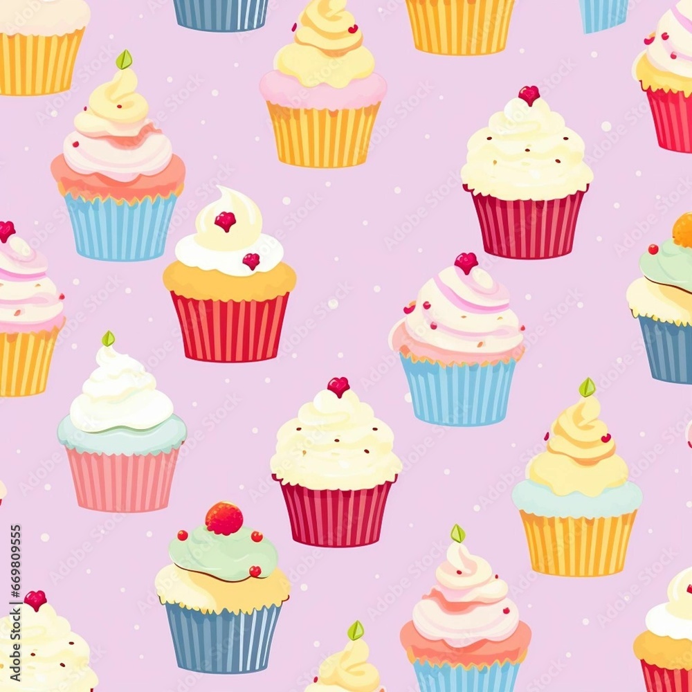 Cute multi-colored cupcake background, cartoon, tones of yellow, baby blue, purple, orange, pinks, white, blue green and red, playful Cute multi-colored cupcake background, cartoon, tones of yellow, baby blue, purple, orange, pinks, white, blue green and red, playful