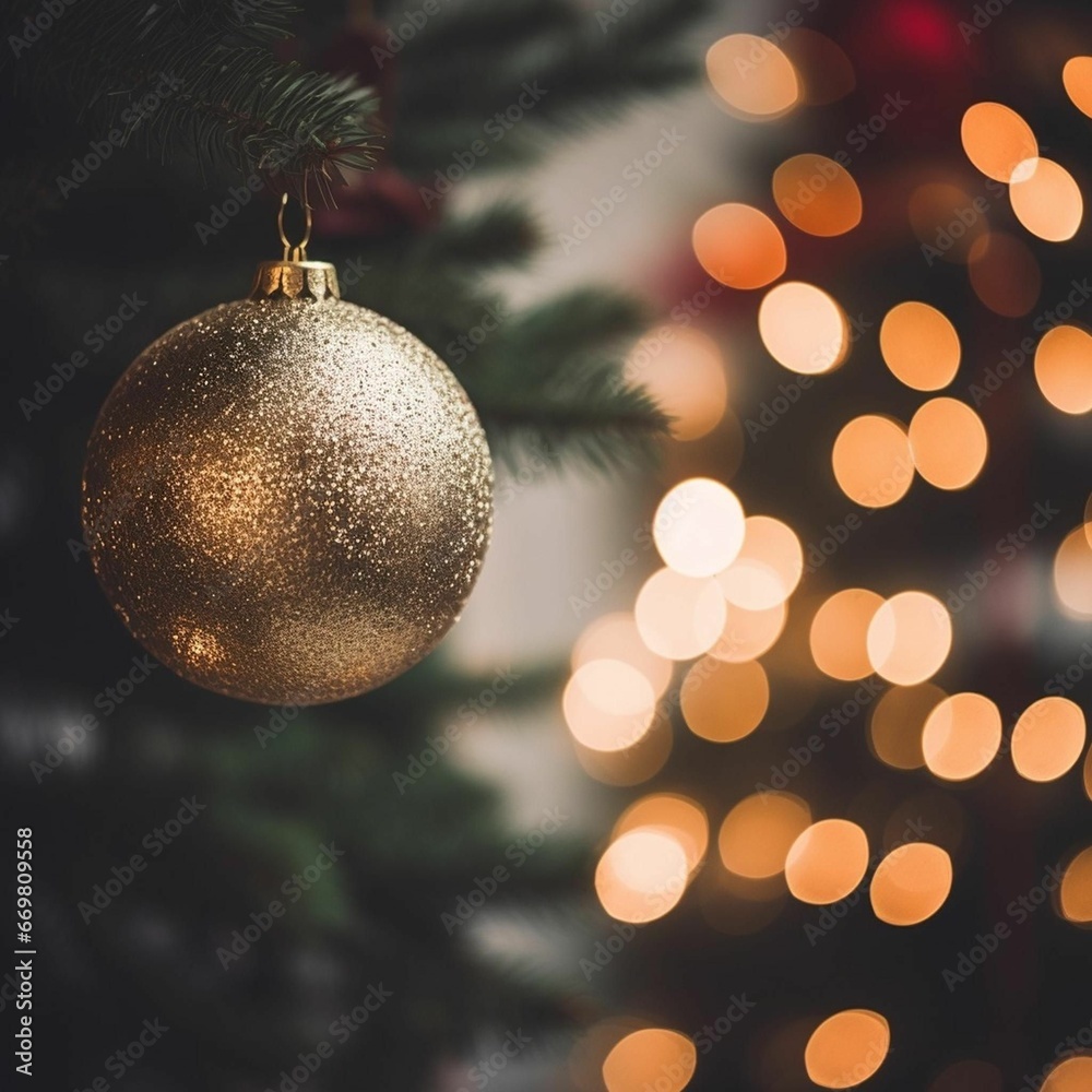 A photo of an up-close beautiful shiny gold ornament hanging from a real Christmas tree, Christmas, night in a snowy winter, Canon EOS 5D Mark IV, Holiday photography - Image #2 A photo of an up-close beautiful shiny gold ornament hanging from a real Christmas tree, Christmas, night in a snowy winter, Canon EOS 5D Mark IV, Holiday photography - Image #2