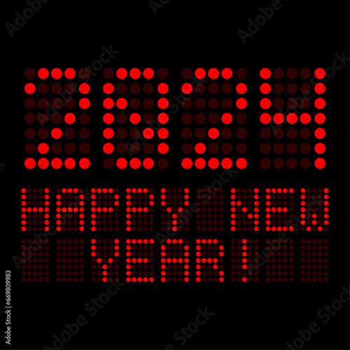 Vector of a digital display shows the date of the new year 2024 and the message happy new year in red over black background.