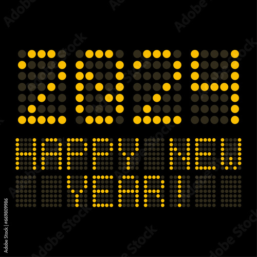 Vector of a digital display shows the date of the new year 2024 and the message happy new year in orange over black background.
