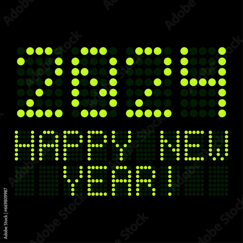 Vector of a digital display shows the date of the new year 2024 and the message happy new year in green over black background.