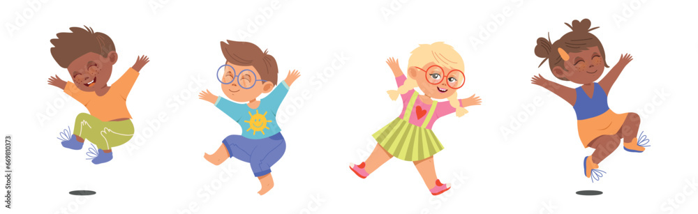 Happy Kid Character Jumping with Joy Vector Set Happy Kid Character Jumping with Joy Vector Set