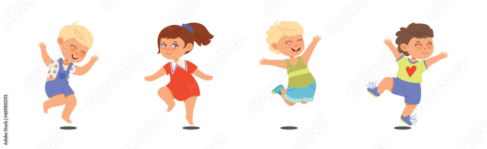 Happy Kid Character Jumping with Joy Vector Set Happy Kid Character Jumping with Joy Vector Set