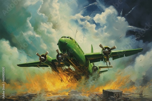 Vibrant aerial disaster painting depicting a massive green airplane in the clouds. Generative AI