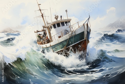 Oil Painting of a Fishing Boat on the Sea © JackDong