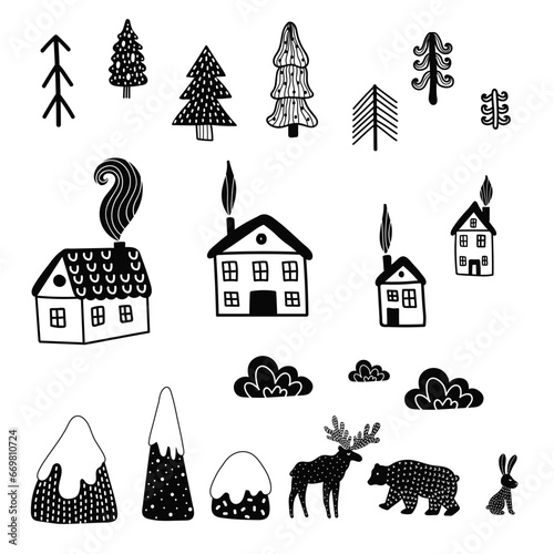 Winter in the Scandinavian forest. Cute set with houses, animals and trees. Can be used in textile industry, paper, background, scrapbooking.Vector.
